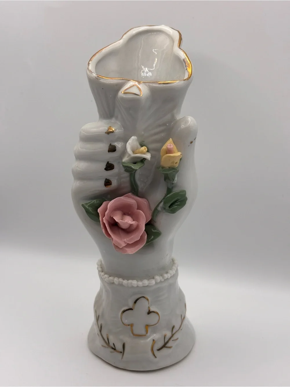 Vintage Ceramic Lady's Hand Holding Vase Figural Bud Vase, Pink Rose Decor